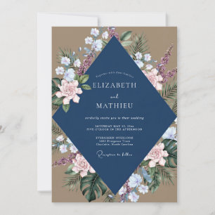 Navy-Taupe-Pfingstrosen-Hochzeit Einladung