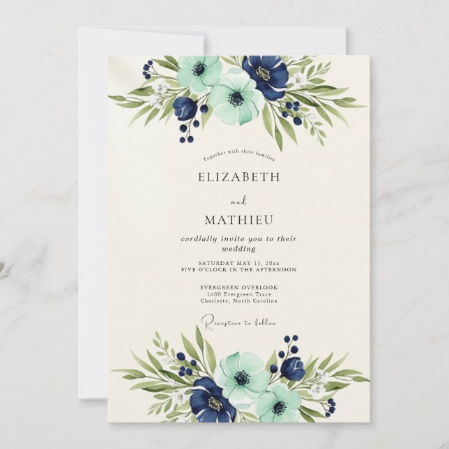 Navy Teal Opulent Botanical Wedding Einladung (Vorderseite)