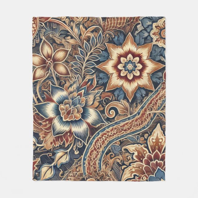 Navy Terracotta Boho IndoneBatik Floral Wasserfarb Fleecedecke (Vorderseite)