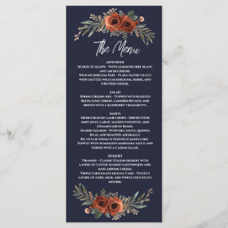 Navy Terrakotta Blumen Boho Hochzeit Menükarte