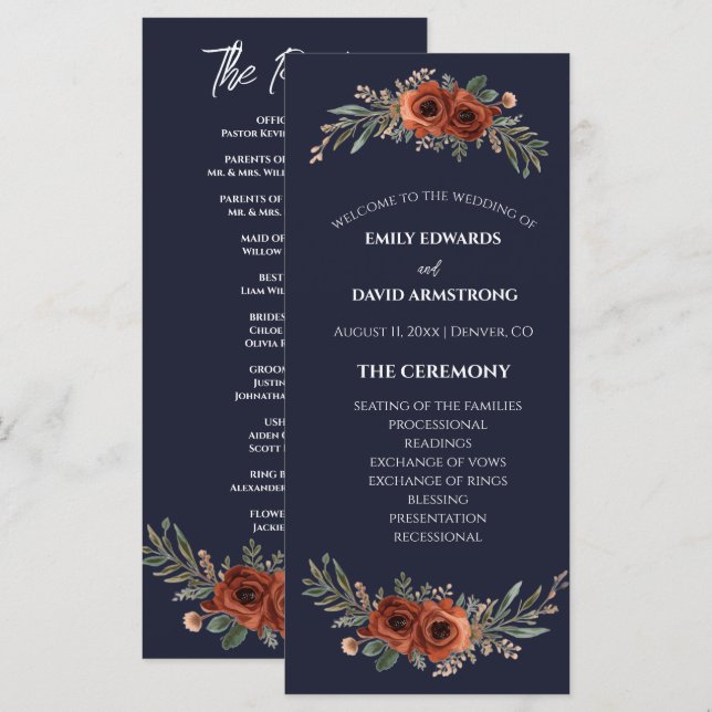 Navy Terrakotta Blumen Boho Hochzeitsprogramm (Vorne/Hinten)