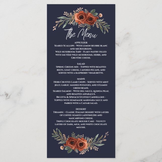 Navy Terrakotta Boho Blumen Menükarte (Vorderseite)