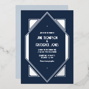 Navy-Tinte & Silber Gatsby Art Deco Hochzeit Folieneinladung