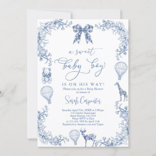 Navy Toile De Jouy Heißluftballon-Baby-Party Junge Einladung
