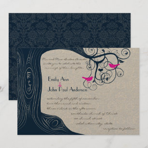 Navy Tree Wirbel Fuchsia Pink Einladung Hochzeit