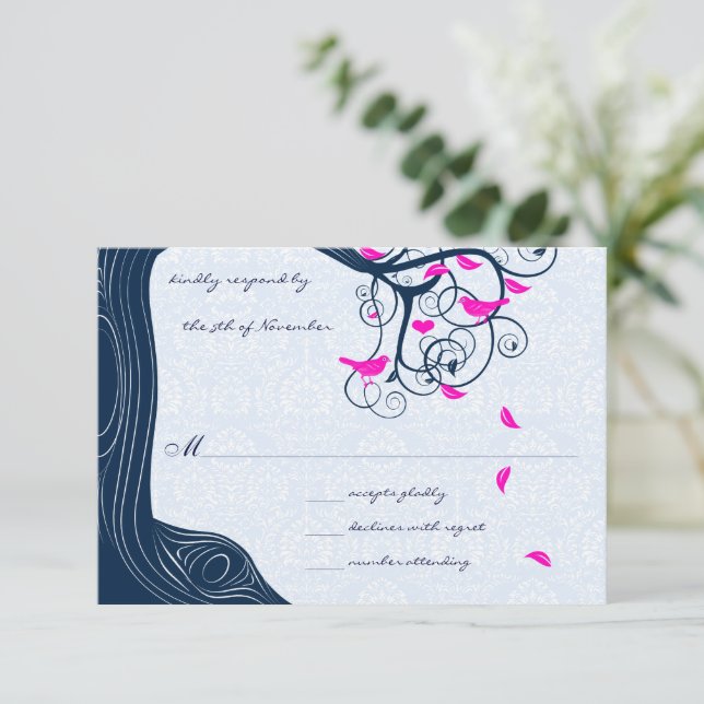 Navy Tree Wirbel Hochzeit RSVP Einladungen (Stehend Vorderseite)