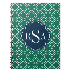 Navy Triple Monogram Emerald Quatrefoil Muster Notizblock