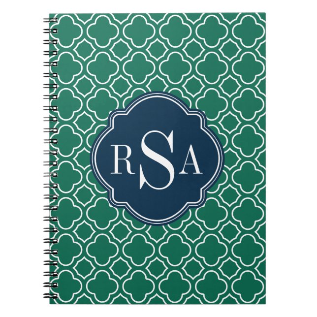 Navy Triple Monogram Emerald Quatrefoil Muster Notizblock (Vorderseite)