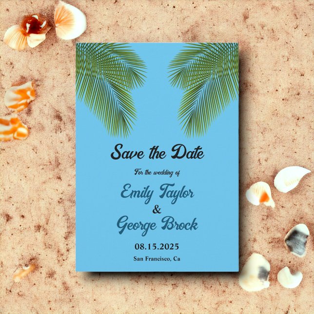Navy Tropical Palm Blue Beach Hochzeit in Urlaubso Save The Date (Von Creator hochgeladen)