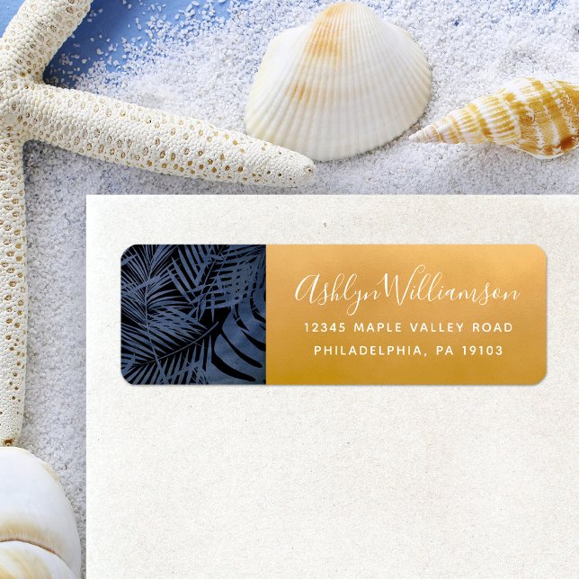 Navy tropical palm leaf modern script gold address (Von Creator hochgeladen)