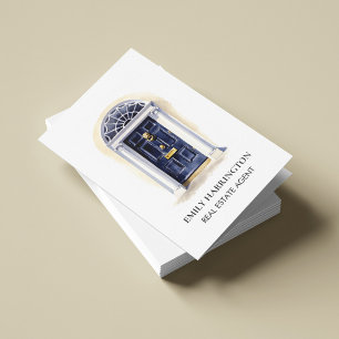 Navy-Tür-Aquarell-QR-Code-Immobilienmakler Visitenkarten