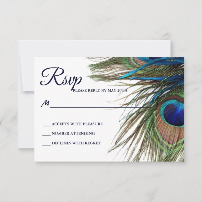 Navy Türkise Peacock Feather Boho Wedding RSVP (Vorderseite)