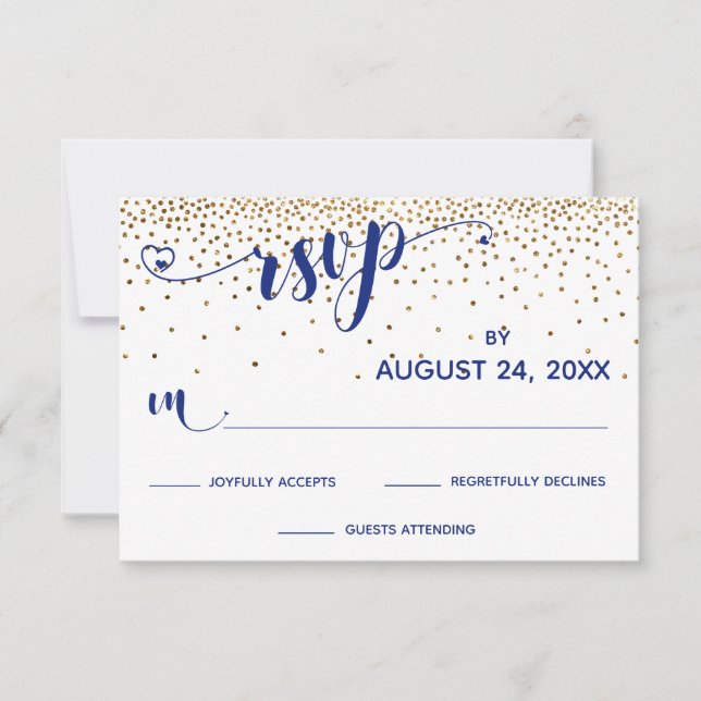 Navy UAWG Calligraphy with Hearts, Gold Confetti, RSVP Karte (Vorderseite)