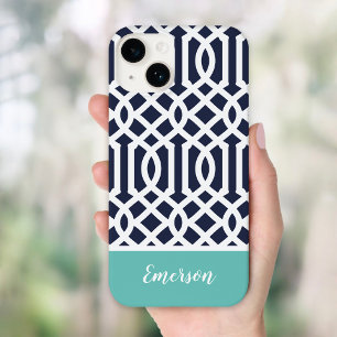 Navy und Aqua-Gitter-Monogramm Case-Mate iPhone 14 Hülle