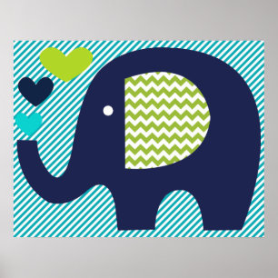 Navy und Aquamarin Elephant Kinderzimmer Poster