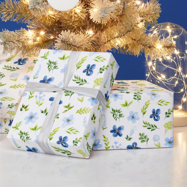 Navy und Baby Blue Blume mit Foliage Muster Geschenkpapier (Feiertage)