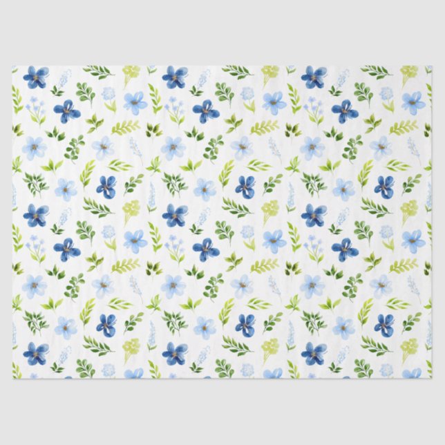 Navy und Baby Blue Blume mit Foliage Muster Seidenpapier (Vorderseite)