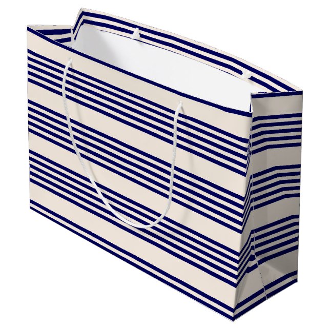 Navy und Beige fünf Streifen Muster Große Geschenktüte (Rückseite Schrägansicht)