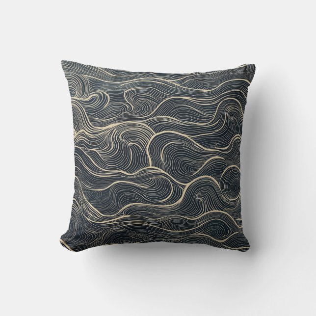 Navy und Beige Wave Line Art Throw Kissen (Vorderseite)