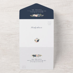 Navy- und blassrosa florale geometrische Hochzeit All In One Einladung