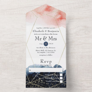 Navy und Blush-Aquarell-Geometrische Hochzeit All In One Einladung