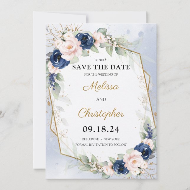 Navy und Blush Blumengrün und Goldrahmen Save The Date (Vorderseite)