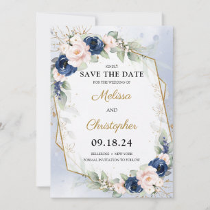 Navy und Blush Blumengrün und Goldrahmen Save The Date
