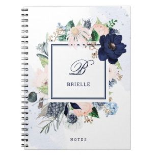 Navy und Blush Floral  Name und Monogramm Notizblock