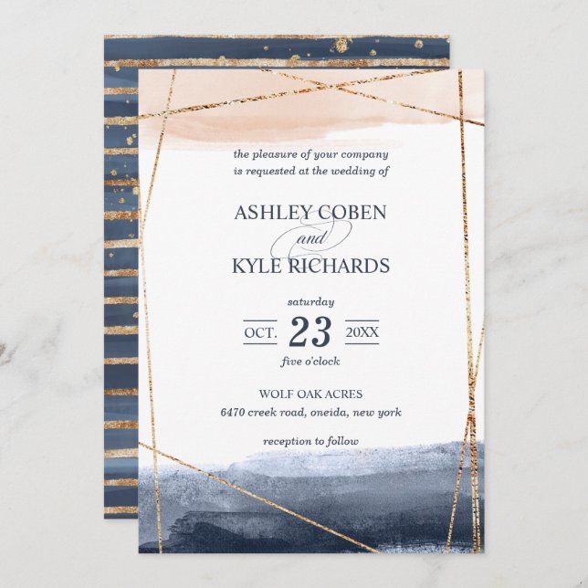 Navy und Blush mit Gold Frame Wedding Einladung (Vorne/Hinten)