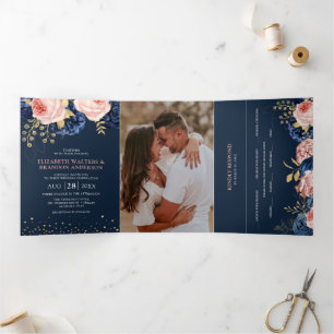 Navy und Blush-Pink-Blumen Elegante Hochzeit Tri-F Dreifach Gefaltete Einladung