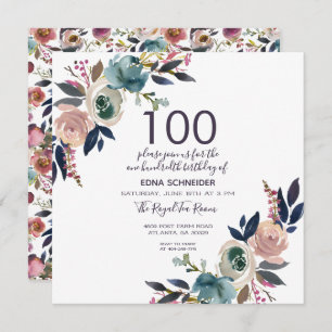 Navy und Blush Vintag Floral 100. Geburtstag Einladung