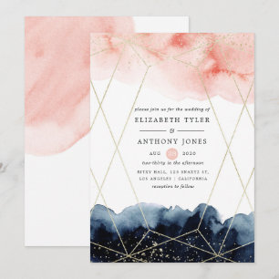 Navy- und Blush-Wasserfarb-Geometrie-Hochzeit Einladung
