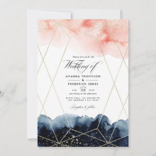 Navy- und Blush-Wasserfarb-Geometrie-Hochzeitsfoto Einladung