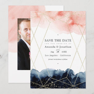Navy- und Blush-Wasserfarb-Geometrie-Hochzeitsfoto Save The Date