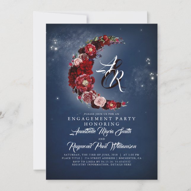 Navy und Burgund Floral Moon Engagement Party Einladung (Vorderseite)