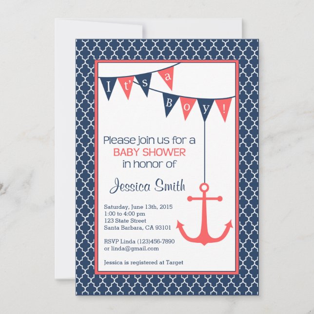 Navy und Coral Baby Shower Einladung Nautic (Vorderseite)