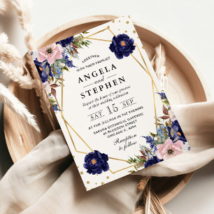 Navy und Creme Sommerblumen Goldrahmen Hochzeit Einladung