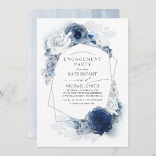 Navy und Dusty Blue Floral Silver Engagement Party Einladung