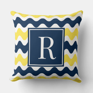 Navy- und Gelbe Preppy-Ric-Rac-Streifen-Monogramm Kissen
