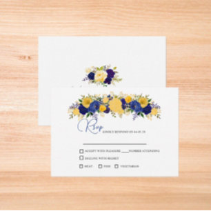 Navy- und gelblich-goldener Blumenstrauß Hochzeit RSVP Karte