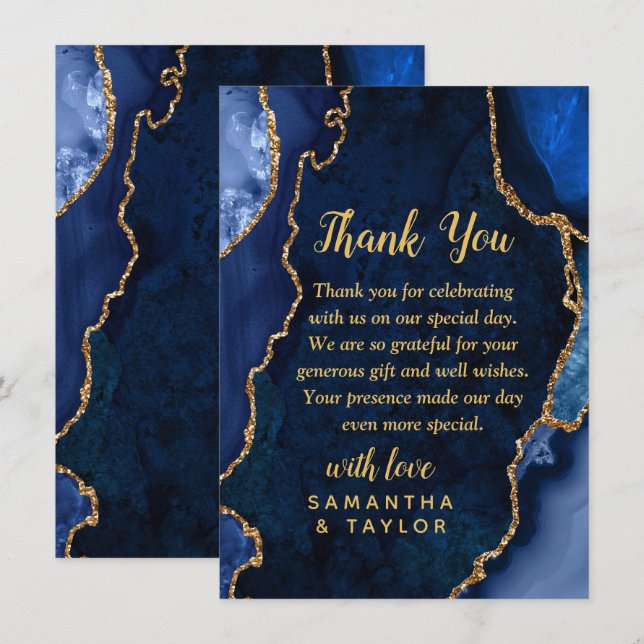 Navy und Gold Achat Marmor Hochzeit Danke (Vorne/Hinten)