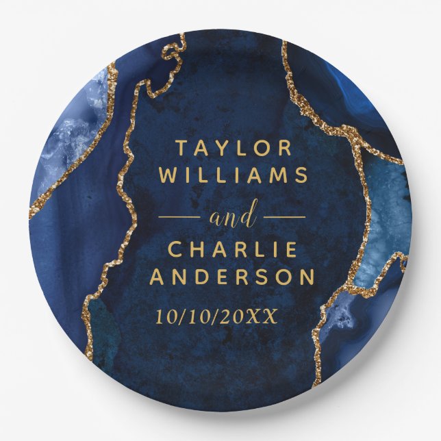 Navy und Gold Achat-Marmor-Hochzeit Pappteller (Vorderseite)