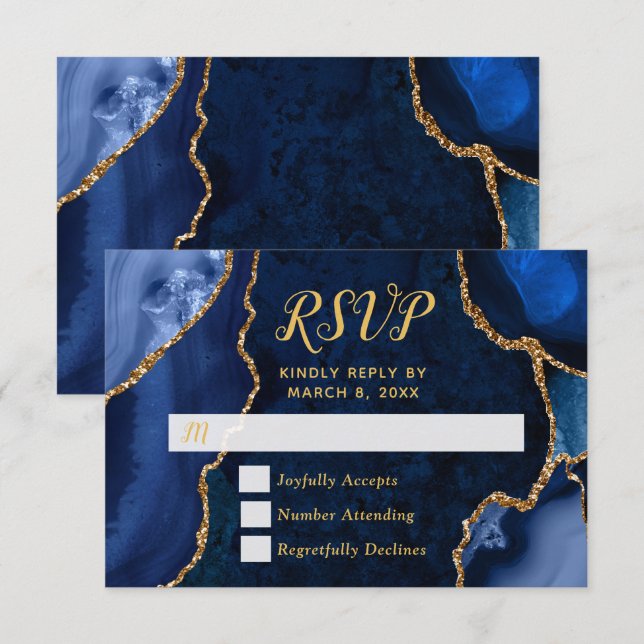 Navy und Gold Achat Murmel RSVP Karte (Vorne/Hinten)