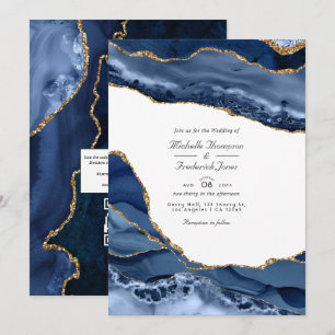 Navy- und Gold-Achatstein QR-Code-RSVP-Hochzeit Einladung