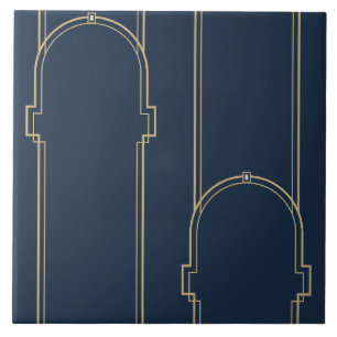 Navy- und Gold-Art-Deco-Stufenbögen Fliese