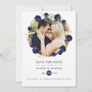 Navy- und Gold-Blumen-Hochzeitsfoto Save The Date