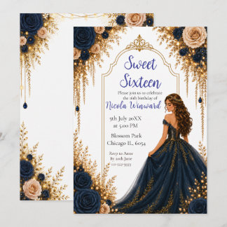 Navy- und Gold-Blumen-Sweet-Sixteen-Party Einladung