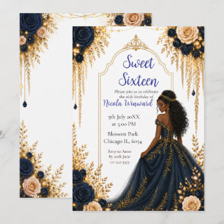 Navy- und Gold-Blumen-Sweet-Sixteen-Party Einladung