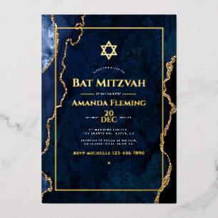 Navy- und Gold-Faux-Achat-Bat-Mizwa-Foto Folieneinladung