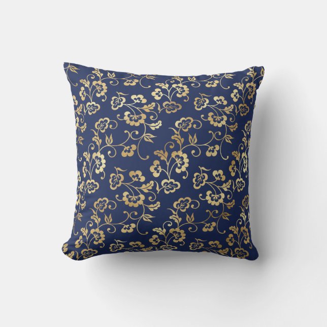 Navy und Gold Floral Muster Kissen (Vorderseite)